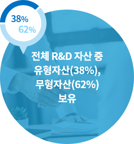 38%, 62%, 전체 R&D 자산 중 유형자산(38%), 무형자산(62%) 보유